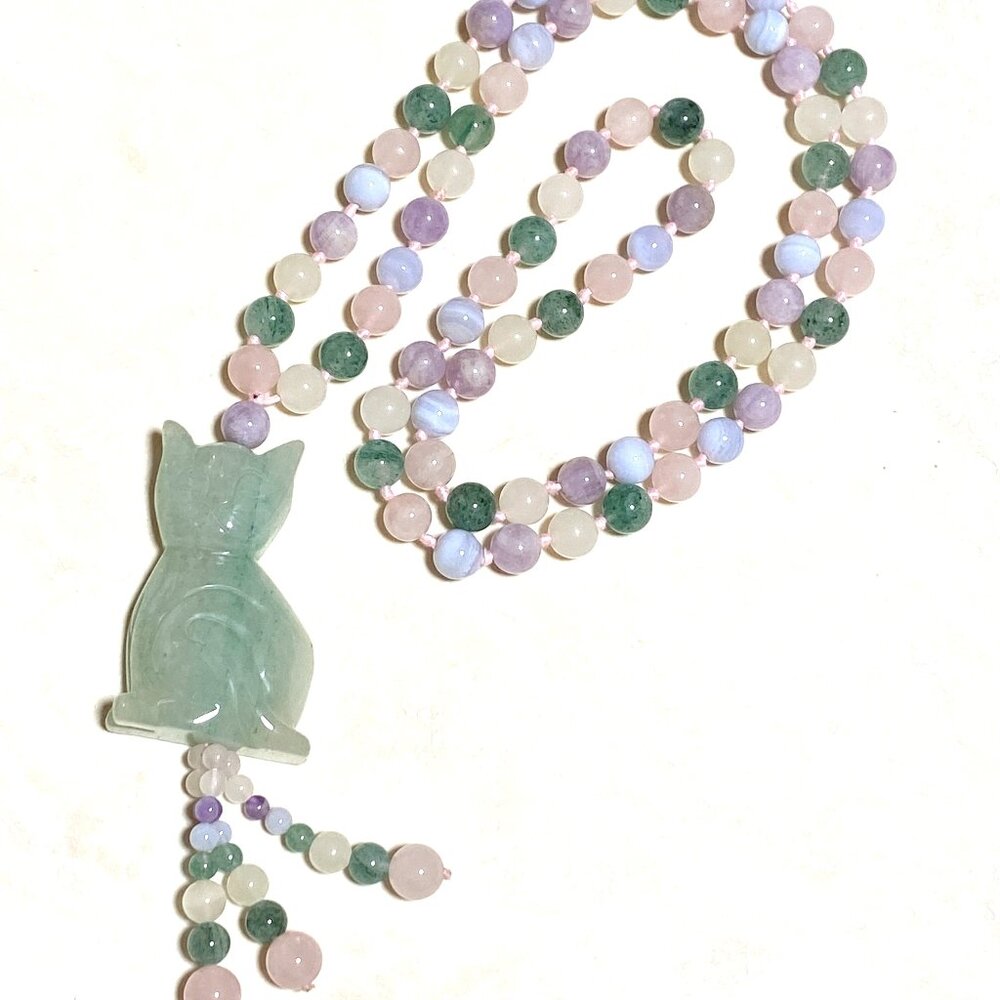 Green Aventurine Serious Cat Long Tassel Necklace,Genuine Multi-colored Gemstone